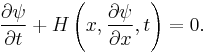  \frac{\part  \psi}{\part t} %2B H\left(x,\frac{\part  \psi}{\part x},t\right) =0.\,