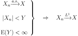 
\left. \begin{array}{ccc}
X_n\xrightarrow{a.s.} X
\\ \\
|X_n| < Y
\\ \\
\mathrm{E}(Y) < \infty
\end{array}\right\} \quad\Rightarrow \quad X_n\xrightarrow{L^1} X
