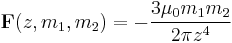 
\mathbf{F}(z,m_1, m_2) = -\frac{3 \mu_0 m_1 m_2}{2 \pi z^4}
