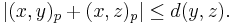 \big| (x, y)_{p} %2B (x, z)_{p} \big| \leq d(y, z).