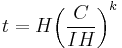 t = H{\left(\frac{C}{I H}\right)^k}\,