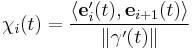 \chi_i(t) = \frac{ \langle \mathbf{e}_i'(t), \mathbf{e}_{i%2B1}(t) \rangle}{\| \mathbf{\gamma}'(t) \|}