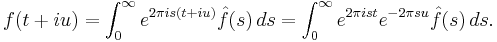 f(t%2Biu) = \int_0^\infty e^{2\pi i s(t%2Biu)} \hat f(s)\, ds
= \int_0^\infty e^{2\pi i st} e^{-2\pi su} \hat f(s)\, ds.