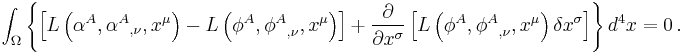 
\int_{\Omega} \left\{ 
\left[ L \left( \alpha^A, {\alpha^A}_{,\nu}, x^{\mu} \right) - 
L \left( \phi^A, {\phi^A}_{,\nu}, x^{\mu} \right) \right]
%2B \frac{\partial}{\partial x^{\sigma}} \left[ L \left( \phi^A, {\phi^A}_{,\nu}, x^{\mu} \right) \delta x^{\sigma} \right]
\right\} d^{4}x = 0
\,.