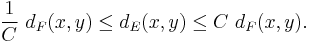  {1\over C} \ d_F(x,y) \leq d_{E}(x,y) \leq C \ d_F(x,y). 