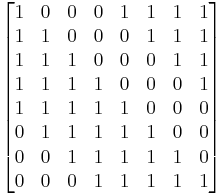 
\begin{bmatrix}
1&0&0&0&1&1&1&1 \\
1&1&0&0&0&1&1&1 \\
1&1&1&0&0&0&1&1 \\
1&1&1&1&0&0&0&1 \\
1&1&1&1&1&0&0&0 \\
0&1&1&1&1&1&0&0 \\
0&0&1&1&1&1&1&0 \\
0&0&0&1&1&1&1&1
\end{bmatrix}
