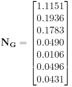 \mathbf{N_{G}} = \begin{bmatrix}
1.1151 \\
0.1936 \\
0.1783 \\
0.0490 \\
0.0106 \\
0.0496 \\
0.0431 \end{bmatrix}