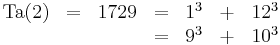 \begin{matrix}\operatorname{Ta}(2)&=&1729&=&1^3 &%2B& 12^3 \\&&&=&9^3 &%2B& 10^3\end{matrix}