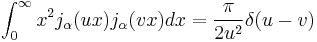 \int_0^\infty x^2 j_\alpha(ux) j_\alpha(vx) dx = \frac{\pi}{2u^2} \delta(u - v)\!