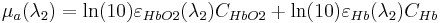 \mu_a(\lambda_2) = \ln(10)\varepsilon_{HbO2}(\lambda_2)C_{HbO2}%2B\ln(10)\varepsilon_{Hb}(\lambda_2)C_{Hb} \,