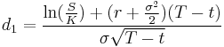 d_{1}=\frac{\ln(\frac{S}{K})%2B(r%2B\frac{\sigma^{2}}{2})(T-t)}{\sigma\sqrt{T-t}}