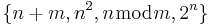 \{ n%2Bm, n^{2}, n \bmod m, 2^{n} \}