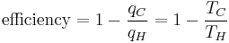 
\textrm{efficiency} = 1 - \frac{q_C}{q_H} = 1 - \frac{T_C}{T_H}
