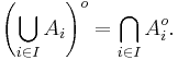 
    \left(\bigcup_{i\in I} A_i\right)^o = \bigcap_{i\in I} A_i^o.
  