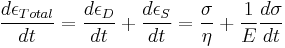 \frac {d\epsilon_{Total}} {dt} = \frac {d\epsilon_{D}} {dt} %2B \frac {d\epsilon_{S}} {dt} = \frac {\sigma} {\eta} %2B \frac {1} {E} \frac {d\sigma} {dt}