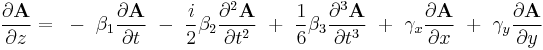  
\frac{\partial \textbf{A} }{\partial z }  = 
~-~ \beta_1 \frac{\partial \textbf{A} }{\partial t}
~-~ \frac{i}{2} \beta_2 \frac{\partial^2 \textbf{A} }{\partial t^2}
~%2B~ \frac{1}{6} \beta_3 \frac{\partial^3 \textbf{A} }{\partial t^3}
~%2B~ \gamma_x \frac{\partial \textbf{A} }{\partial x} 
~%2B~ \gamma_y \frac{\partial \textbf{A} }{\partial y}
