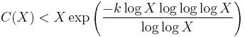 C(X) < X \exp\left(\frac{-k \log X \log \log \log X}{\log \log X}\right)