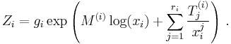 Z_i = g_i \exp\left(M^{(i)} \log(x_i)%2B\sum_{j=1}^{r_i}\frac{T^{(i)}_j}{x_i^{j}}\right)\,.