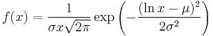 f(x) = \frac{1}{\sigma x \sqrt{2\pi}} \exp\left(-\frac{(\ln x - \mu)^2}{2\sigma^2}\right)