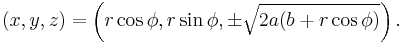 (x,y,z) = \left(r\cos\phi,r\sin\phi,\pm\sqrt{2a(b %2B r\cos\phi)}\right).