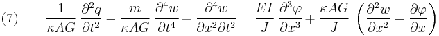 
    (7) \qquad 
    \cfrac{1}{\kappa AG}~\frac{\partial^2 q}{\partial t^2} -\cfrac{m}{\kappa AG}~\cfrac{\partial^4 w}{\partial t^4} %2B \cfrac{\partial^4 w}{\partial x^2\partial t^2} 
= \cfrac{EI}{J}~\cfrac{\partial^3 \varphi}{\partial x^3} %2B \cfrac{\kappa AG}{J}~\left(\frac{\partial^2 w}{\partial x^2} - \frac{\partial \varphi}{\partial x}\right)
