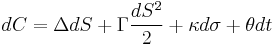 dC=\Delta dS %2B \Gamma \frac{dS^2}{2} %2B \kappa d\sigma %2B \theta dt \,