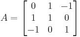 
A = \begin{bmatrix}
     0 & 1 & -1 \\
     1 & 1 &  0 \\
    -1 & 0 &  1 
\end{bmatrix}
