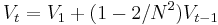 V_t = V_1 %2B (1-2/N^2)V_{t-1}