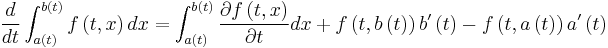 \frac{d}{dt}\int_{a\left( t\right) }^{b\left( t\right) }f\left( t,x\right) dx=  \int_{a\left( t\right) }^{b\left( t\right) }\frac{\partial f\left( t,x\right) }{\partial t}dx%2Bf\left( t,b\left( t\right) \right) b^{\prime }\left( t\right) -f\left( t,a\left( t\right) \right) a^{\prime }\left( t\right)