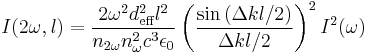 I(2\omega,l)=\frac{2\omega^2d^2_{\text{eff}}l^2}{n_{2\omega}n_{\omega}^2c^3\epsilon_0}\left(\frac{\sin{(\Delta k l/2)}}{\Delta k l/2}\right)^2I^2(\omega)