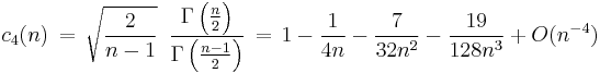 c_4(n)\,=\,\sqrt{\frac{2}{n-1}}\,\,\,\frac{\Gamma\left(\frac{n}{2}\right)}{\Gamma\left(\frac{n-1}{2}\right)}
 \, = \, 1 - \frac{1}{4n} - \frac{7}{32n^2} - \frac{19}{128n^3} %2B O(n^{-4})