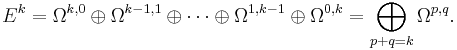 E^k=\Omega^{k,0}\oplus\Omega^{k-1,1}\oplus\dotsb\oplus\Omega^{1,k-1}\oplus\Omega^{0,k}=\bigoplus_{p%2Bq=k}\Omega^{p,q}.