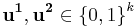 \mathbf{u^1, u^2} \in \left\{ 0,1\right\}^k