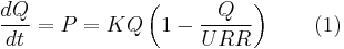 \frac{dQ}{dt}=P=KQ\left(1 - \frac{Q}{URR}\right) \qquad \mbox{(1)} \!