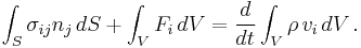 \int_S \sigma_{ij}n_j\, dS %2B \int_V F_i\, dV = \frac{d}{dt}\int_V \rho\, v_i\, dV\,.