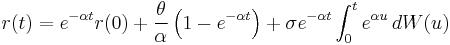  r(t) = e^{-\alpha t}r(0) %2B  \frac{\theta}{\alpha} \left(1- e^{-\alpha t}\right) %2B \sigma e^{-\alpha t}\int_0^t e^{\alpha u}\,dW(u)\,\!