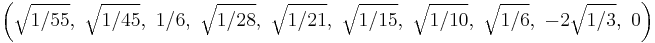 \left(\sqrt{1/55},\ \sqrt{1/45},\ 1/6,\ \sqrt{1/28},\ \sqrt{1/21},\ \sqrt{1/15},\ \sqrt{1/10},\ \sqrt{1/6},\ -2\sqrt{1/3},\ 0\right)