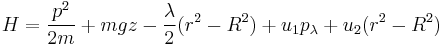 
H = \frac{p^2}{2m} %2B mgz - \frac{\lambda}{2}(r^2-R^2) %2B u_1 p_\lambda %2B u_2 (r^2-R^2)
