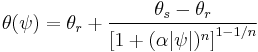 \theta(\psi) = \theta_r %2B \frac{\theta_s - \theta_r}{\left[ 1%2B(\alpha |\psi|)^n \right]^{1-1/n}}