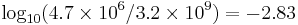 \log_{10} (4.7\times10^6 / 3.2\times10^9 ) = -2.83