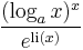 \frac{(\log_a x)^x}{e^{\operatorname{li}(x)}}\,