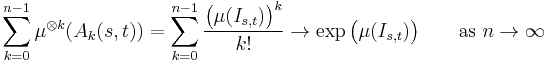 \sum_{k=0}^{n-1} \mu^{\otimes k}(A_k(s,t))
=\sum_{k=0}^{n-1} \frac{\bigl(\mu(I_{s,t})\bigr)^k}{k!}
\to\exp\bigl(\mu(I_{s,t})\bigr)\qquad\text{as }n\to\infty