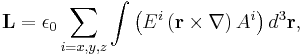 \mathbf{L}=\epsilon_0\sum_{i=x,y,z}\int \left(E^i\left(\mathbf{r}\times\mathbf{\nabla}\right)A^i\right)d^{3}\mathbf{r}  ,