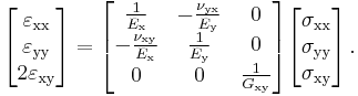 
   \begin{bmatrix}\varepsilon_{\rm xx} \\ \varepsilon_{\rm yy} \\ 2\varepsilon_{\rm xy} \end{bmatrix} = 
   \begin{bmatrix} \frac{1}{E_{\rm x}} & -\frac{\nu_{\rm yx}}{E_{\rm y}} & 0 \\
                   -\frac{\nu_{\rm xy}}{E_{\rm x}} & \frac{1}{E_{\rm y}} & 0 \\
                    0 & 0 & \frac{1}{G_{\rm xy}} \end{bmatrix}
    \begin{bmatrix}\sigma_{\rm xx} \\ \sigma_{\rm yy} \\ \sigma_{\rm xy} \end{bmatrix} \,.
 