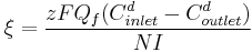 \xi=\frac{zFQ_f (C_{inlet}^d - C_{outlet}^d)}{N I}