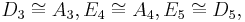 D_3 \cong A_3, E_4 \cong A_4, E_5 \cong D_5,