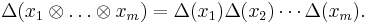 \Delta(x_1\otimes\dots\otimes x_m) = \Delta(x_1)\Delta(x_2)\cdots\Delta(x_m).