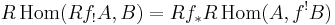 R\,\mathrm{Hom}(Rf_!A,B) = Rf_{\ast}R\,\mathrm{Hom}(A,f^!B)