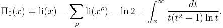 \Pi_0(x) = \operatorname{li}(x) - \sum_{\rho}\operatorname{li}(x^{\rho}) - \ln 2 %2B \int_x^\infty \frac{dt}{t(t^2-1) \ln t}.