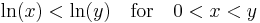 \ln(x) < \ln(y) \quad{\rm for}\quad 0 < x < y\;